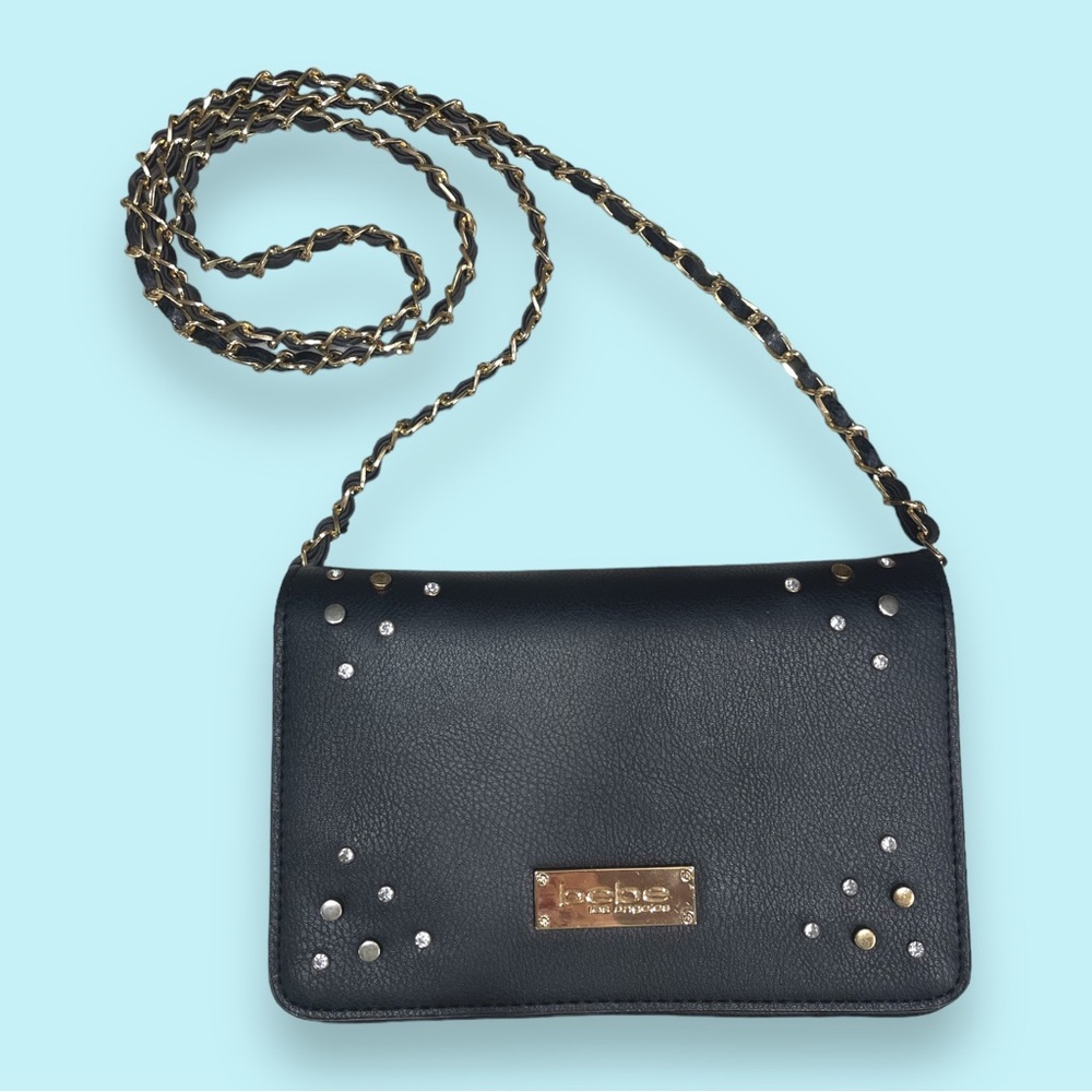 Vintage Bebe black crossbody bag with gold hardware and zip & button closure